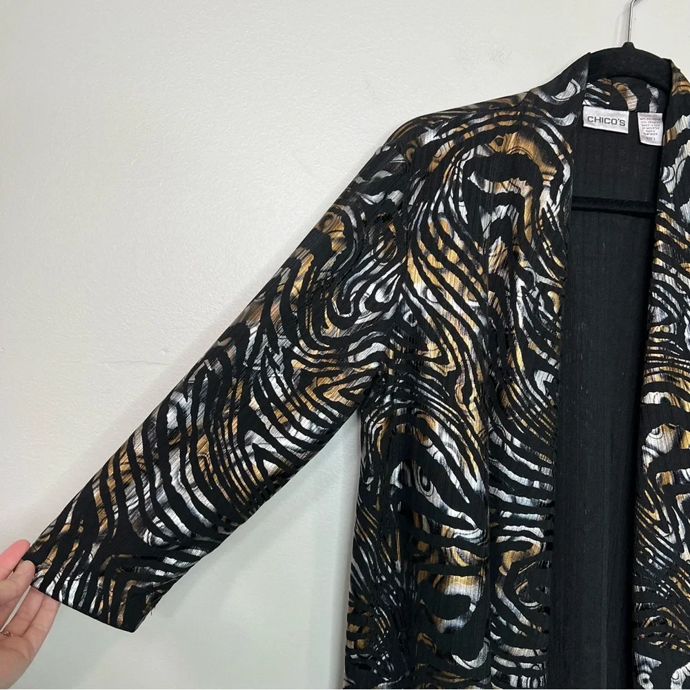 CHICO'S Glam Metallic Gold Silver and Black Open Front Cardigan Layer size 1 - Picture 5 of 10